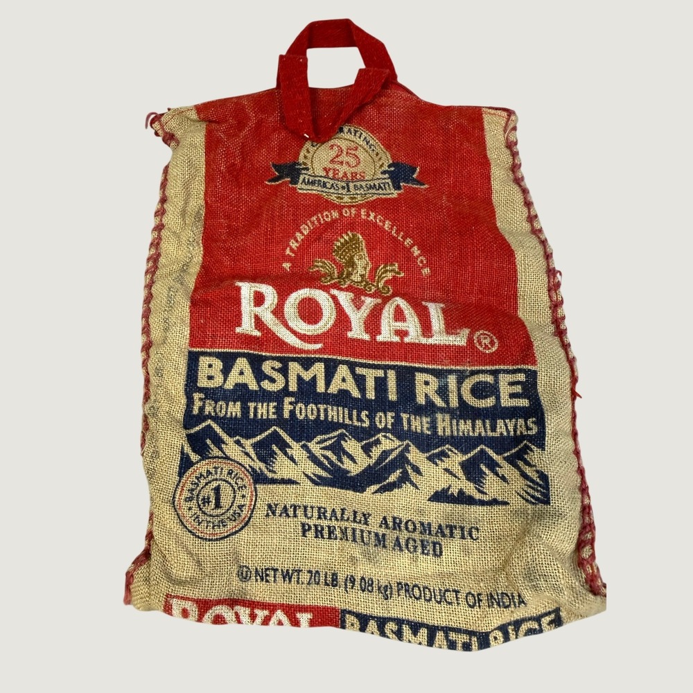 Royal Basmati Rice Burlap Tote Bag Repurposed Jute Sack Red Zip Top Handles